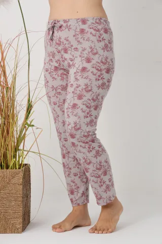 Pantaloni de pijama damă Big Size, gri cu flori vișinii, 85% vâscoză, 15% poliester hover