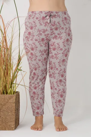 Pantaloni de pijama damă Big Size, gri cu flori vișinii, 85% vâscoză, 15% poliester