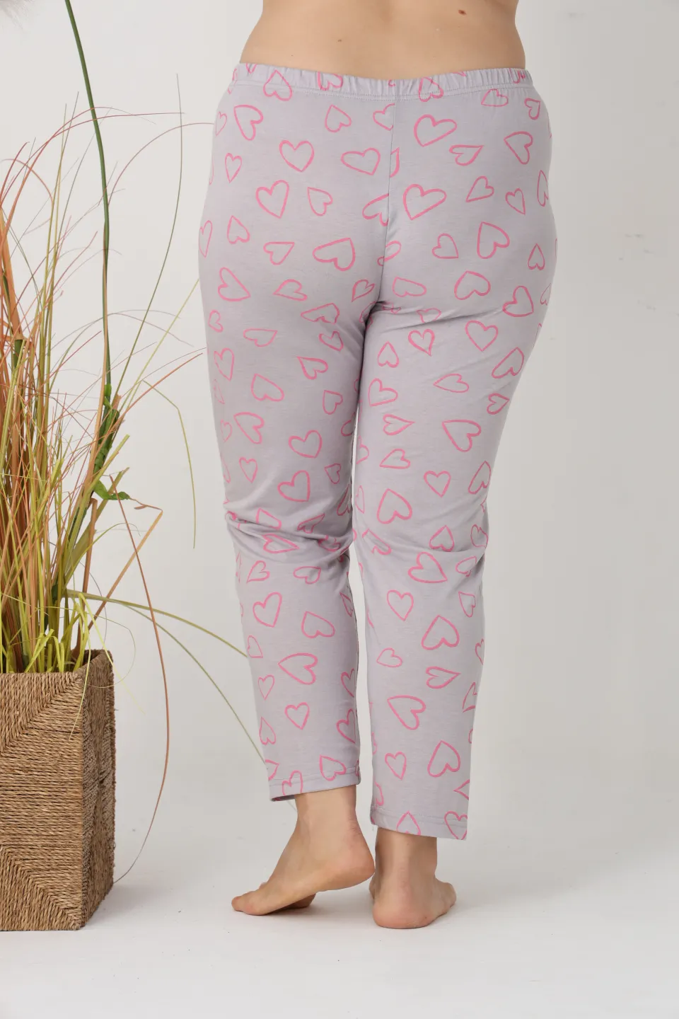 Pantaloni de pijama damă Big Size, gri cu inimioare roz, 85% vâscoză, 15% poliester - 4