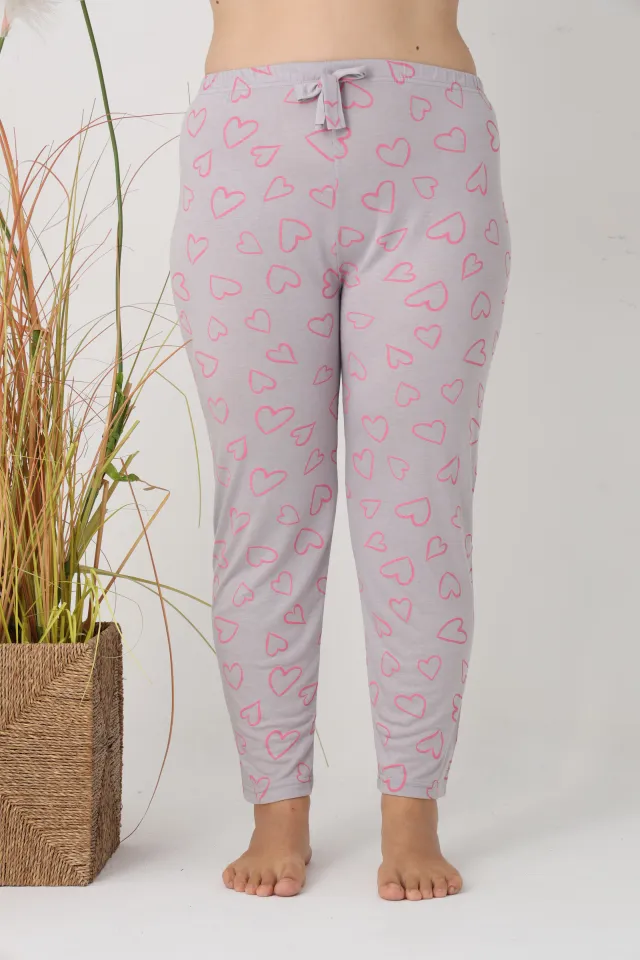 Pantaloni de pijama damă Big Size, gri cu inimioare roz, 85% vâscoză, 15% poliester