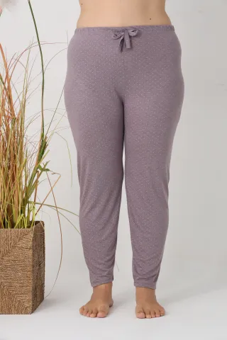 Pantaloni de pijama damă Big Size, gri cu puncte roz, 85% vâscoză, 15% poliester