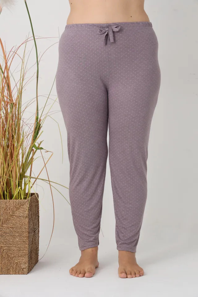 Pantaloni de pijama damă Big Size, gri cu puncte roz, 85% vâscoză, 15% poliester