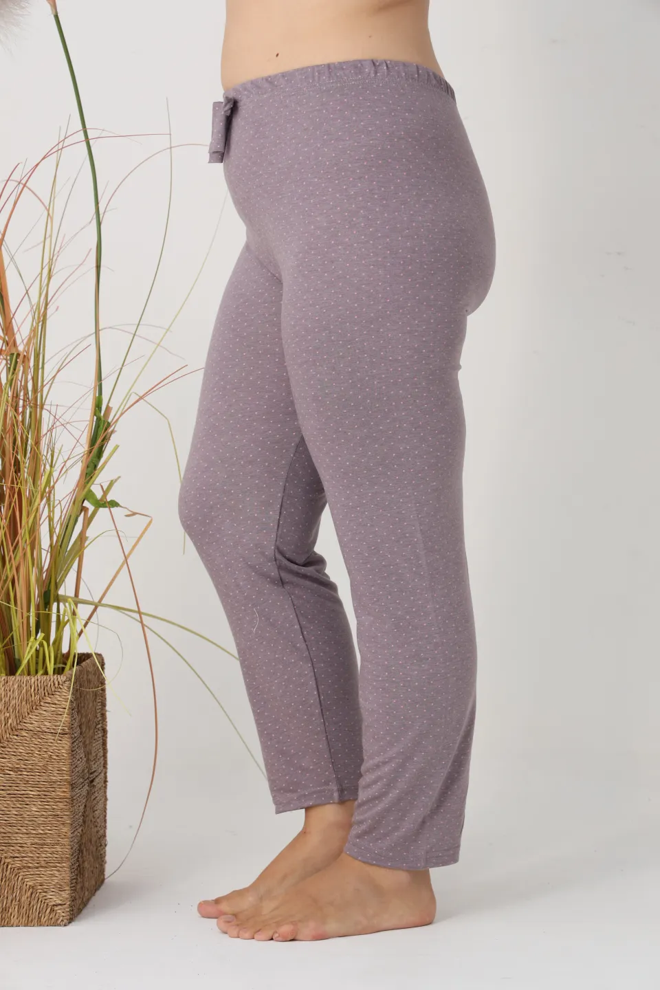 Pantaloni de pijama damă Big Size, gri cu puncte roz, 85% vâscoză, 15% poliester - 3