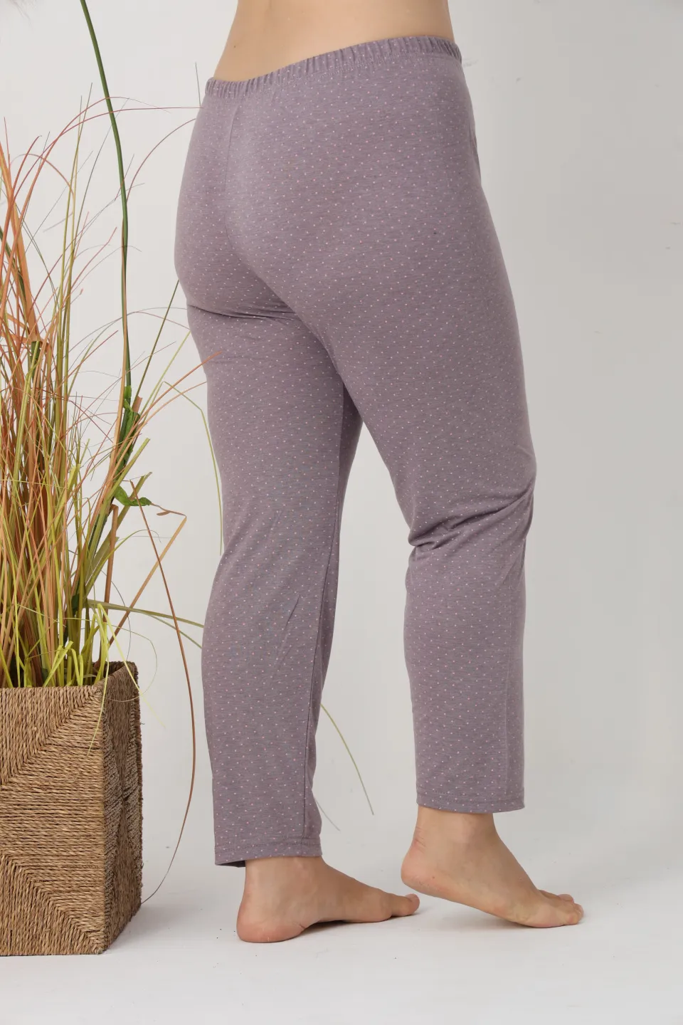 Pantaloni de pijama damă Big Size, gri cu puncte roz, 85% vâscoză, 15% poliester - 5