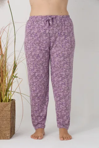 Pantaloni de pijama damă Big Size, mov cu flori multicolore, 85% vâscoză, 15% poliester hover