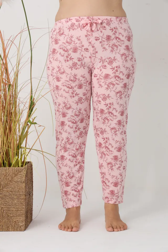 Pantaloni de pijama damă Big Size, roz cu flori, 85% vâscoză, 15% poliester