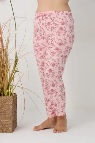 Pantaloni de pijama damă Big Size, roz cu flori, 85% vâscoză, 15% poliester hover