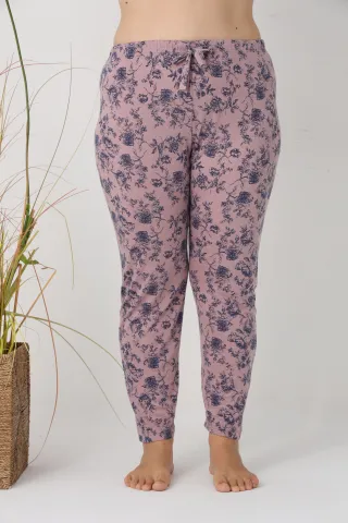 Pantaloni de pijama damă Big Size, roz cu flori albastre, 85% vâscoză, 15% poliester