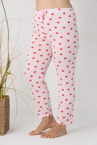 Pantaloni de pijama damă Big Size, roz cu inimioare roșii, 85% vâscoză, 15% poliester hover