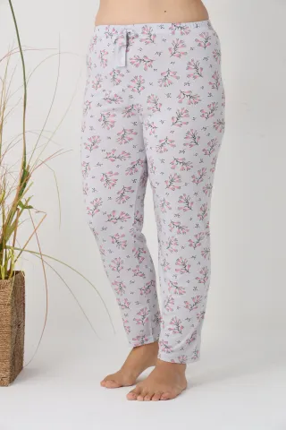 Pantaloni de pijama damă Big Size, turcoaz cu flori roz, 85% vâscoză, 15% poliester hover