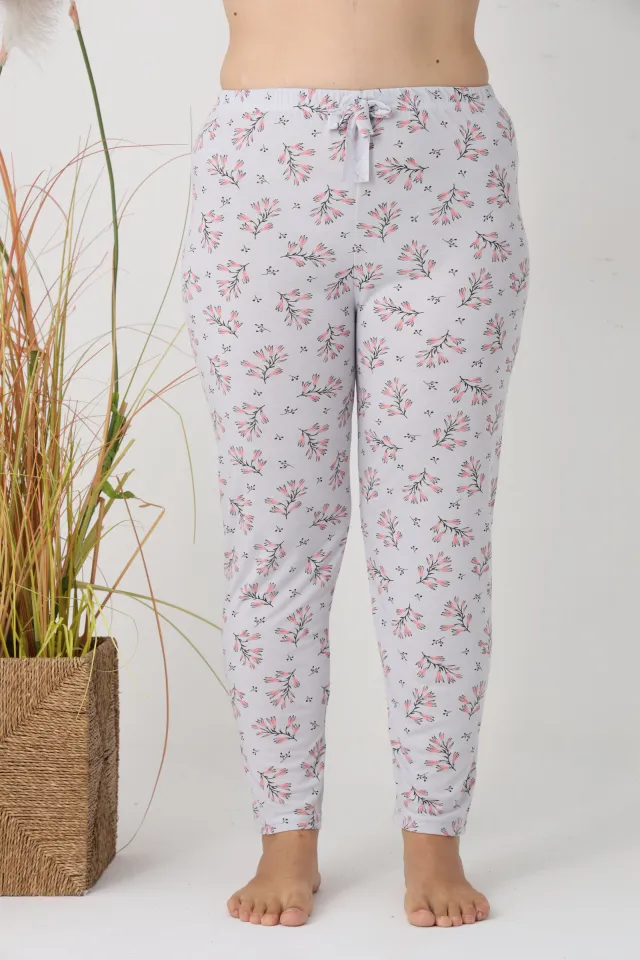 Pantaloni de pijama damă Big Size, turcoaz cu flori roz, 85% vâscoză, 15% poliester