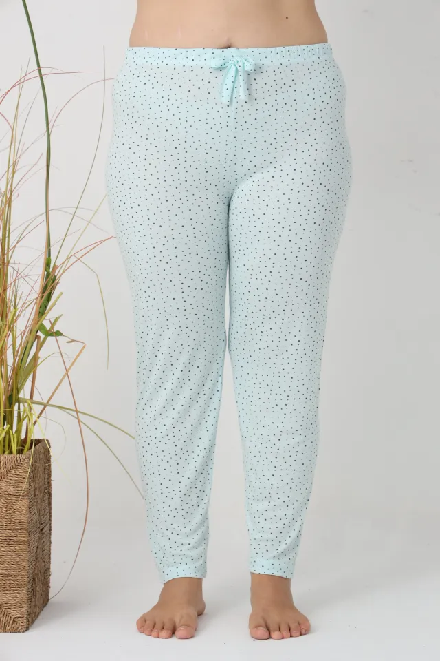 Pantaloni de pijama damă Big Size, turcoaz cu puncte negre, 85% vâscoză, 15% poliester