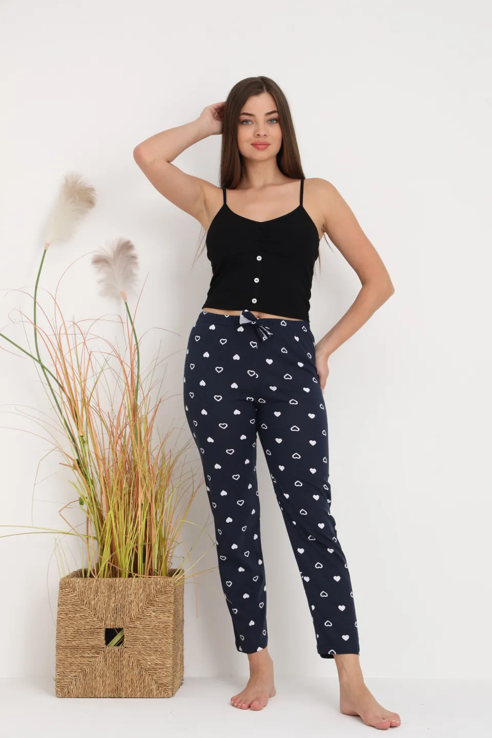 Pantaloni de pijama damă bleumarin cu inimioare albe, croială lejeră, bumbac &amp; poliester - 3