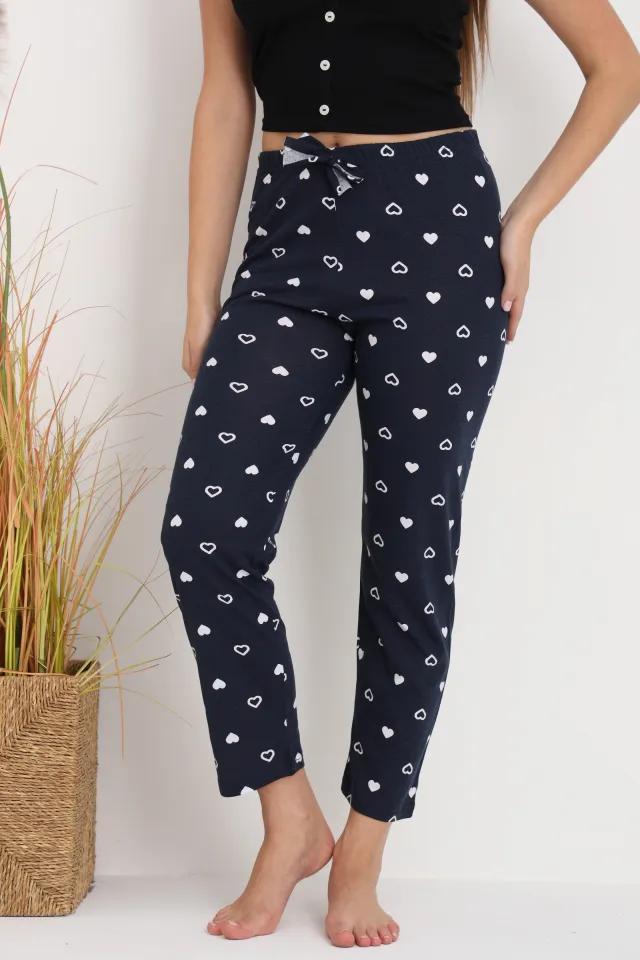 Pantaloni de pijama damă bleumarin cu inimioare albe, croială lejeră, bumbac &amp; poliester