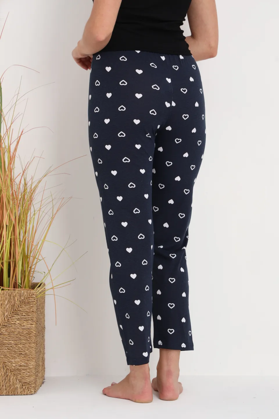 Pantaloni de pijama damă bleumarin cu inimioare albe, croială lejeră, bumbac &amp; poliester - 5