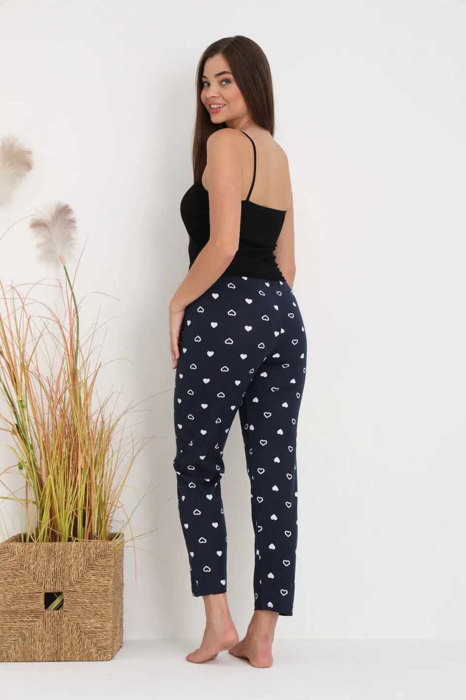 Pantaloni de pijama damă bleumarin cu inimioare albe, croială lejeră, bumbac &amp; poliester - 6