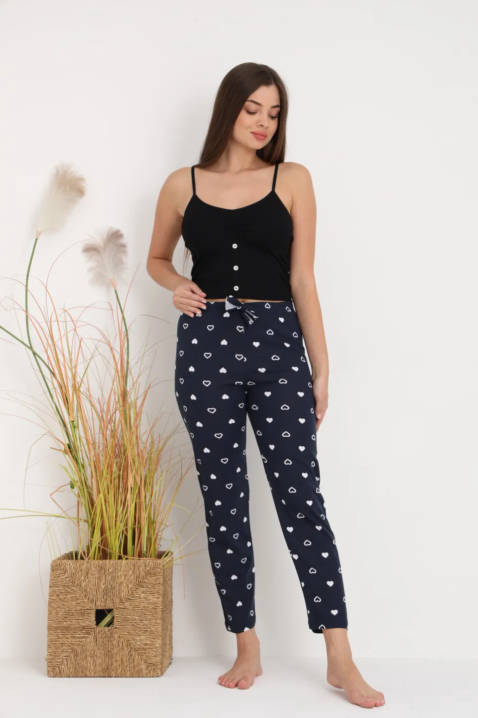 Pantaloni de pijama damă bleumarin cu inimioare albe, croială lejeră, bumbac &amp; poliester - 2