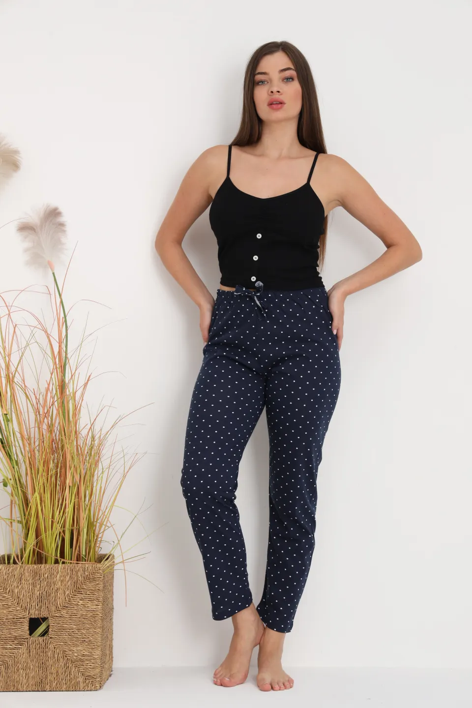 Pantaloni de pijama damă bleumarin cu puncte albe, croială lejeră, bumbac &amp; poliester - 5