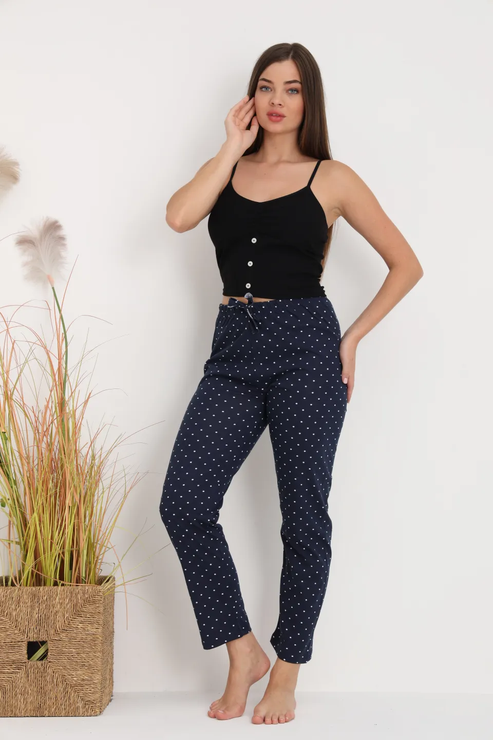 Pantaloni de pijama damă bleumarin cu puncte albe, croială lejeră, bumbac &amp; poliester - 6