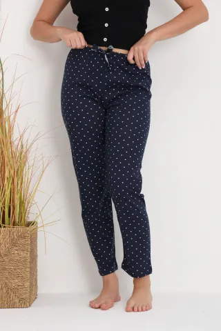 Pantaloni de pijama damă bleumarin cu puncte albe, croială lejeră, bumbac &amp; poliester hover