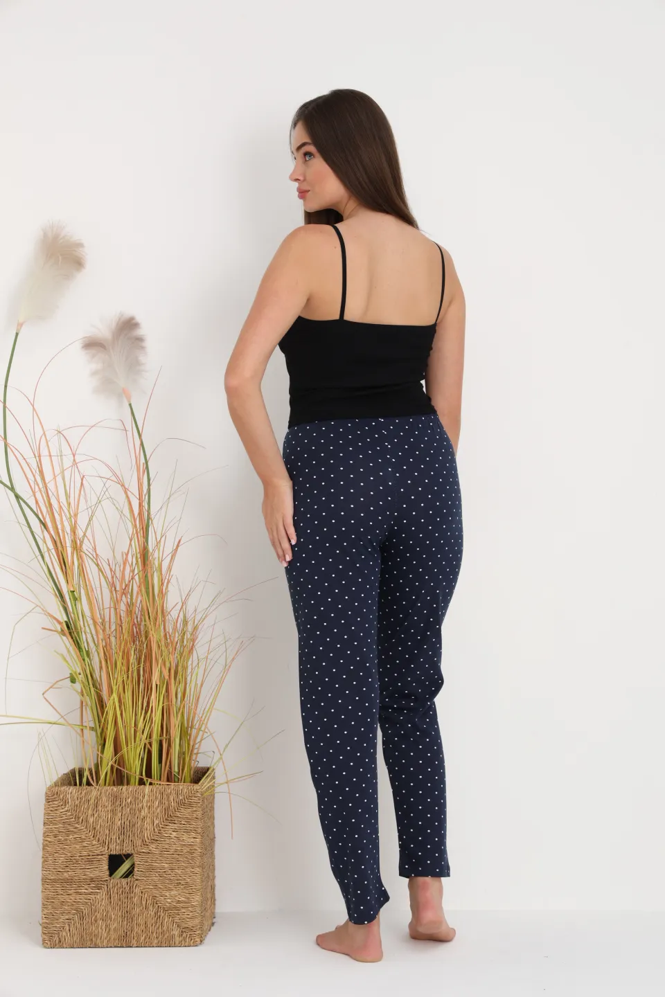 Pantaloni de pijama damă bleumarin cu puncte albe, croială lejeră, bumbac &amp; poliester - 7