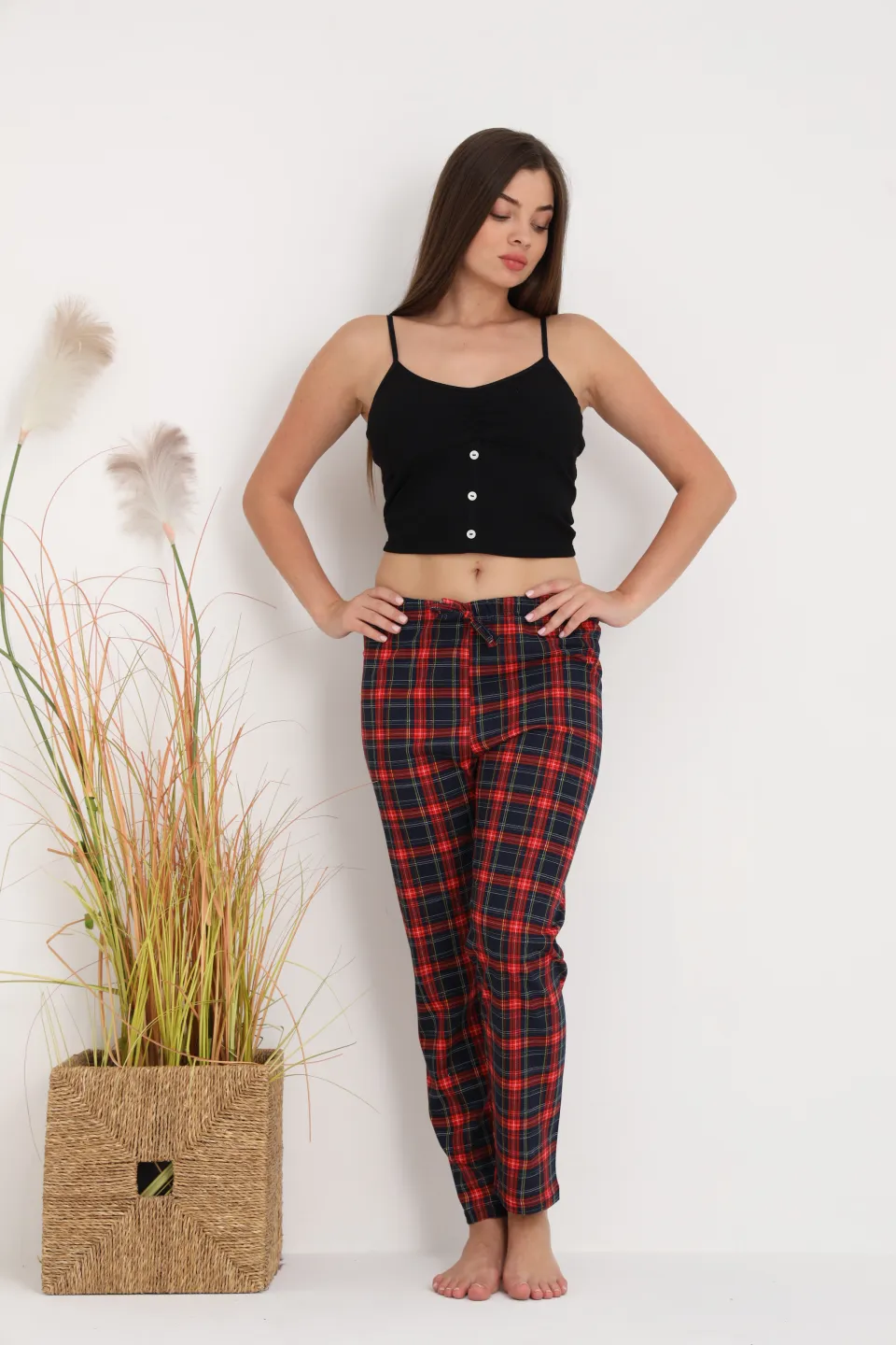 Pantaloni de pijama damă cu carouri roșii, croială lejeră, bumbac &amp; poliester - 4