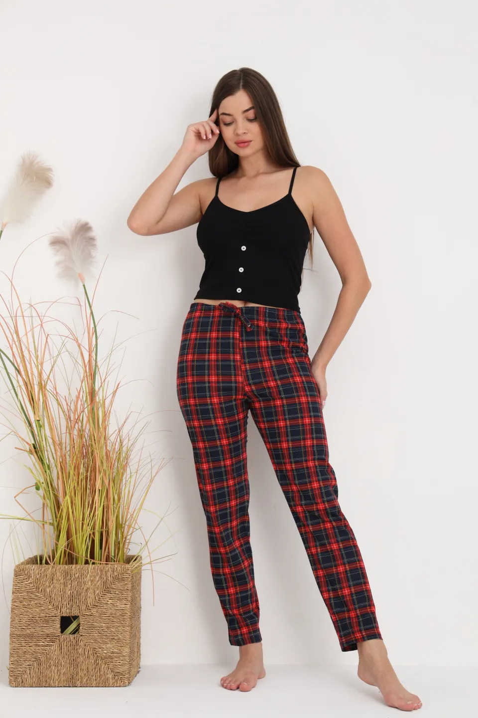 Pantaloni de pijama damă cu carouri roșii, croială lejeră, bumbac &amp; poliester - 5