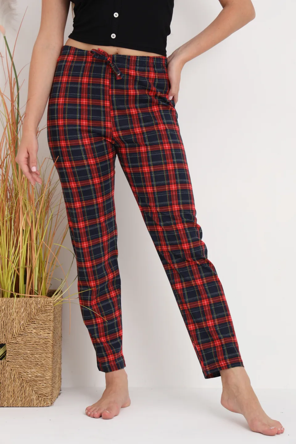 Pantaloni de pijama damă cu carouri roșii, croială lejeră, bumbac &amp; poliester - 1