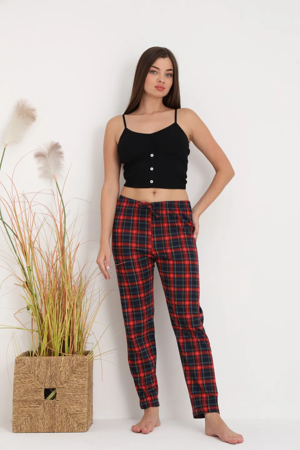 Pantaloni de pijama damă cu carouri roșii, croială lejeră, bumbac &amp; poliester - 2