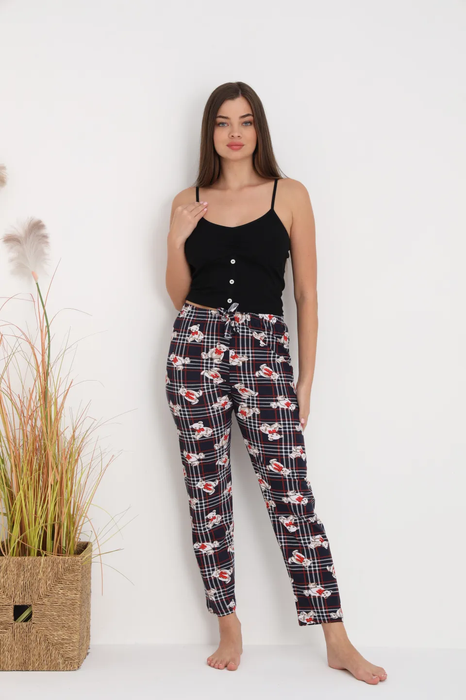 Pantaloni de pijama damă cu carouri și ursuleți, croială lejeră, bumbac &amp; poliester - 4