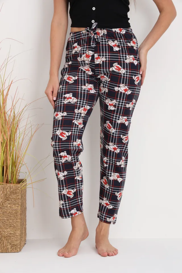 Pantaloni de pijama damă cu carouri și ursuleți, croială lejeră, bumbac &amp; poliester