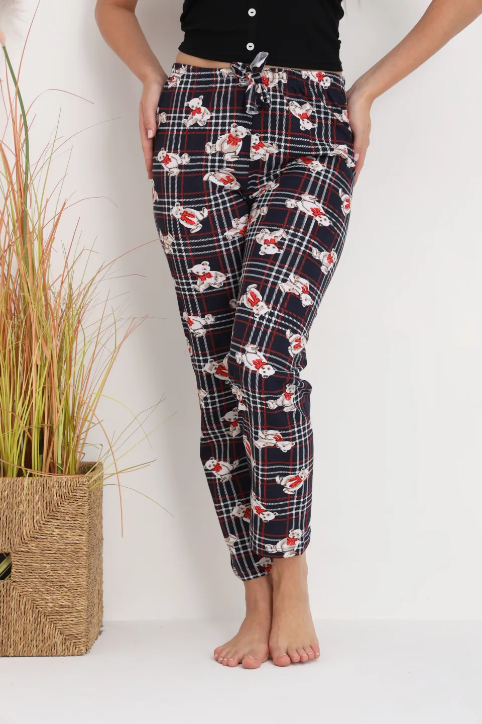 Pantaloni de pijama damă cu carouri și ursuleți, croială lejeră, bumbac &amp; poliester - 3