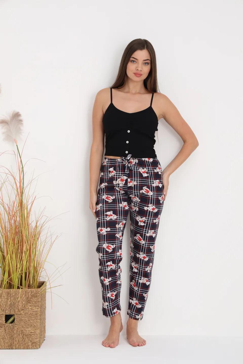 Pantaloni de pijama damă cu carouri și ursuleți, croială lejeră, bumbac &amp; poliester - 5