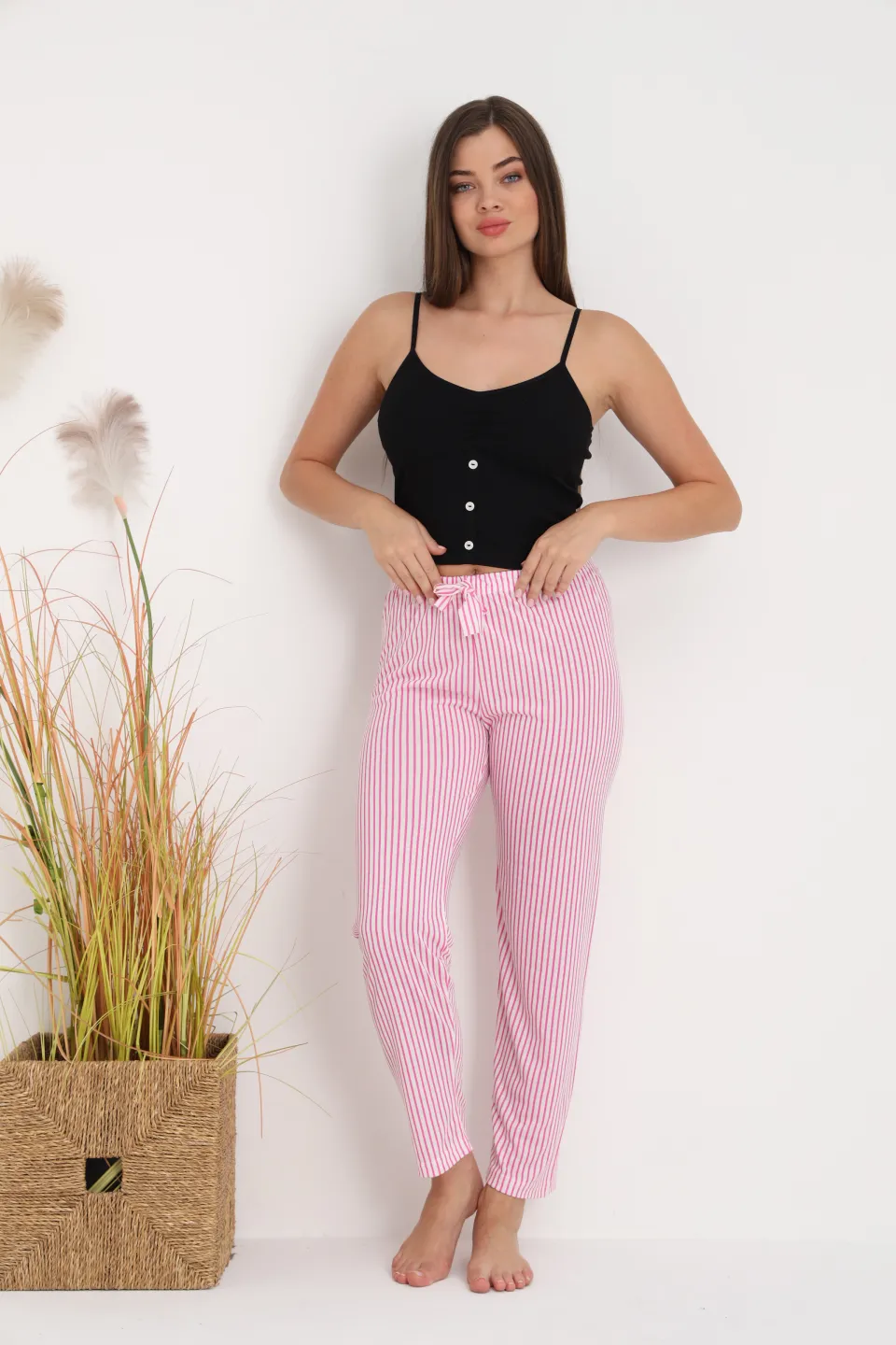 Pantaloni de pijama damă cu dungi roz și albe, croială lejeră, bumbac &amp; poliester - 4