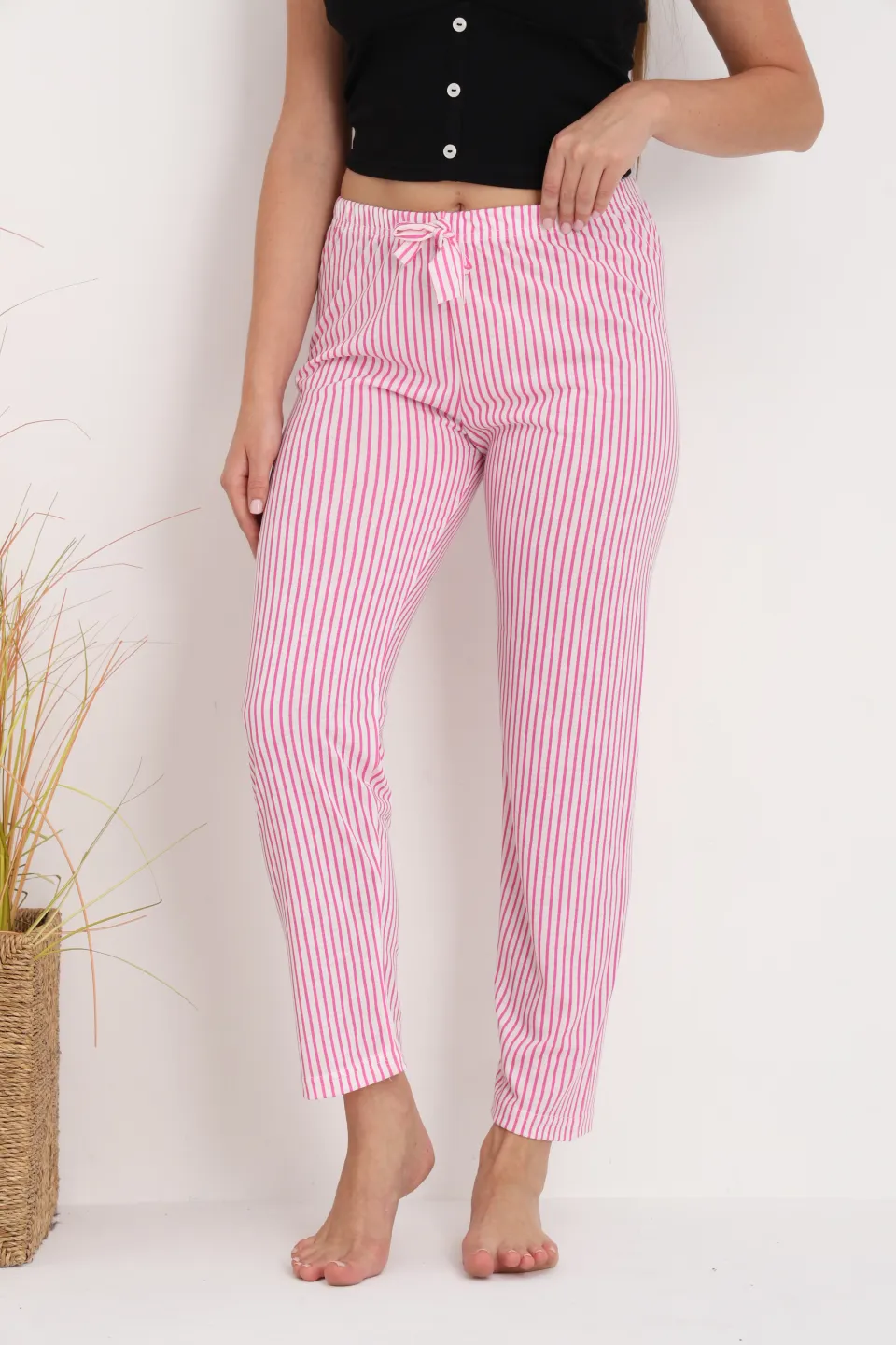 Pantaloni de pijama damă cu dungi roz și albe, croială lejeră, bumbac &amp; poliester - 2