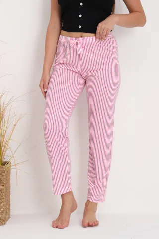 Pantaloni de pijama damă cu dungi roz și albe, croială lejeră, bumbac &amp; poliester hover