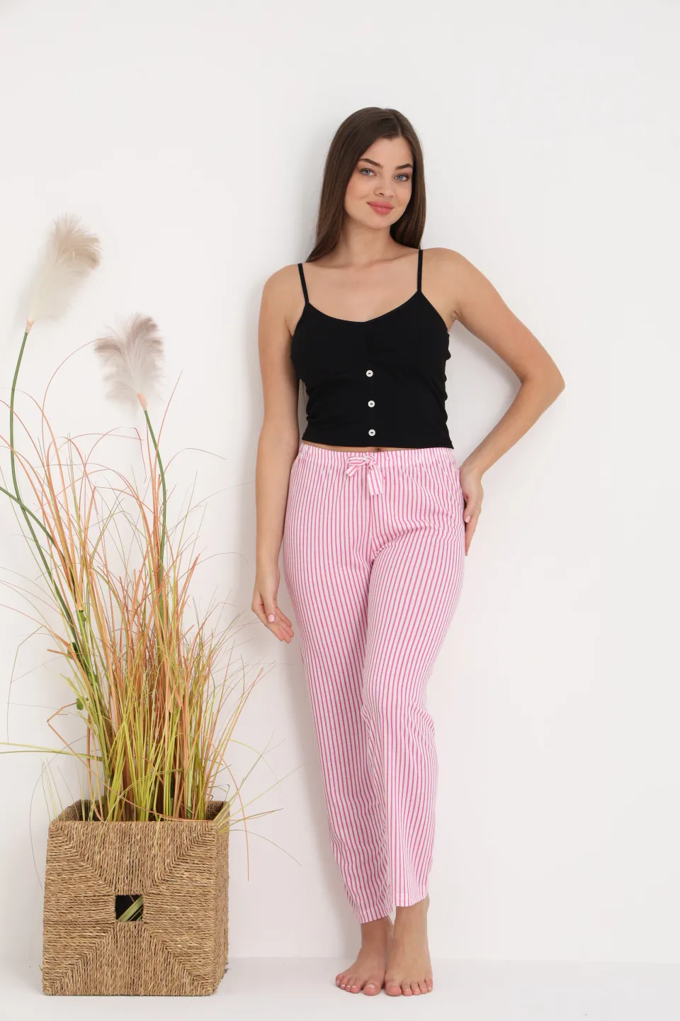 Pantaloni de pijama damă cu dungi roz și albe, croială lejeră, bumbac &amp; poliester - 5