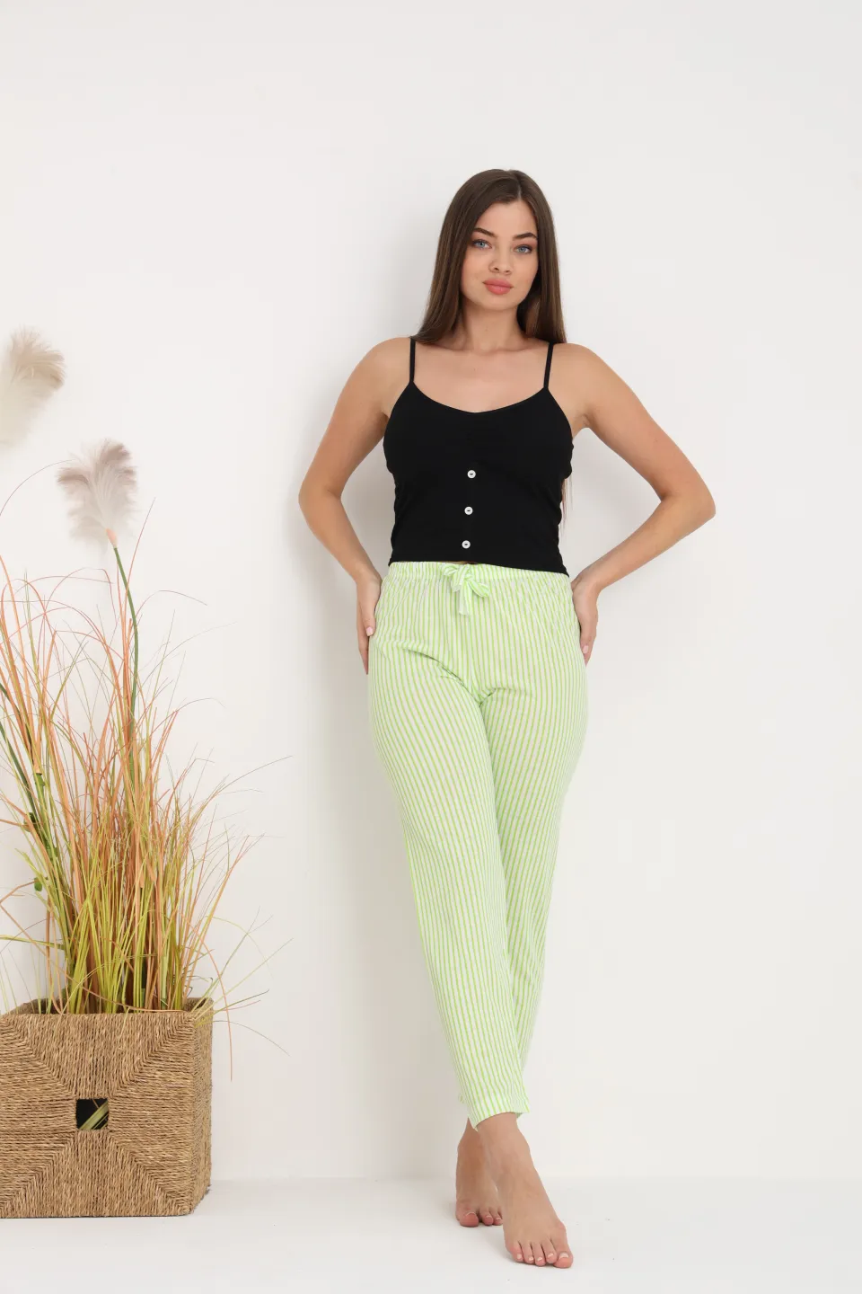 Pantaloni de pijama damă cu dungi verde și alb, croială lejeră, bumbac &amp; poliester - 4