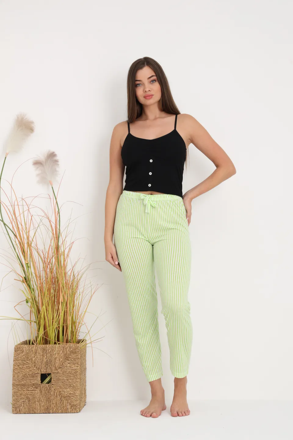 Pantaloni de pijama damă cu dungi verde și alb, croială lejeră, bumbac &amp; poliester - 5