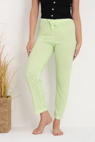 Pantaloni de pijama damă cu dungi verde și alb, croială lejeră, bumbac &amp; poliester hover