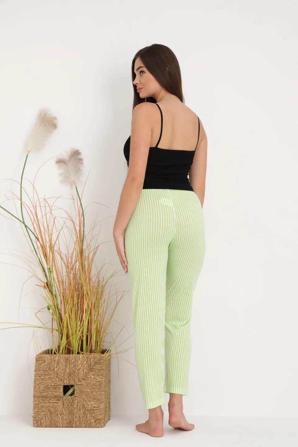 Pantaloni de pijama damă cu dungi verde și alb, croială lejeră, bumbac &amp; poliester - 8