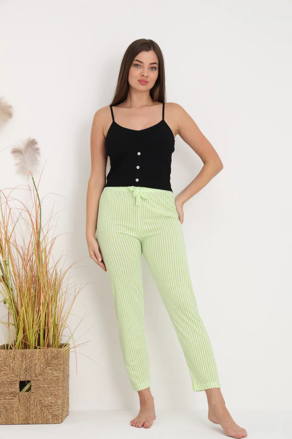 Pantaloni de pijama damă cu dungi verde și alb, croială lejeră, bumbac &amp; poliester - 3