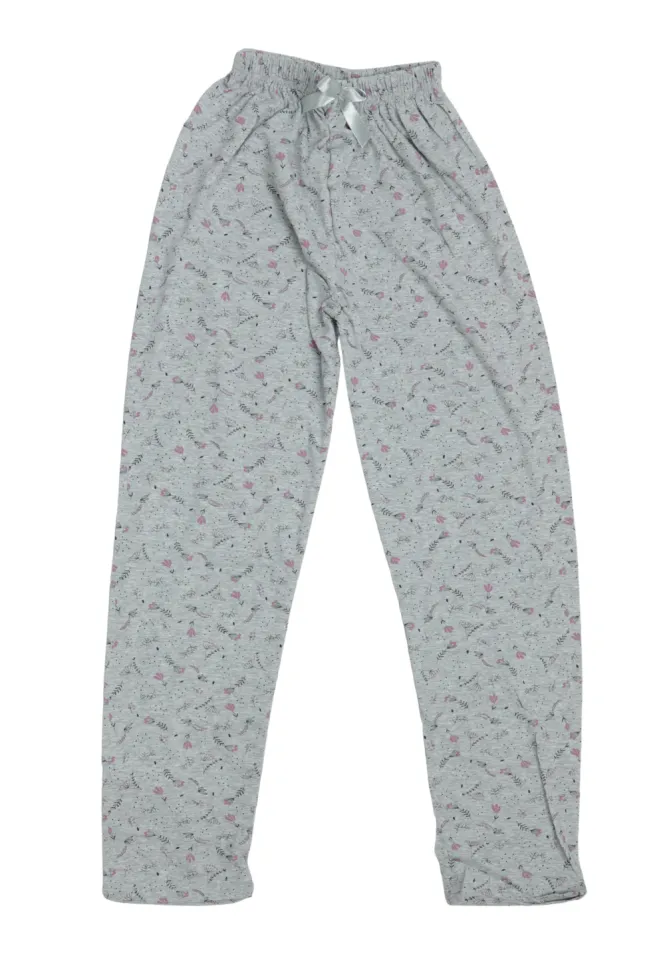 Pantaloni de pijama damă din bumbac, imprimeu floral, gri