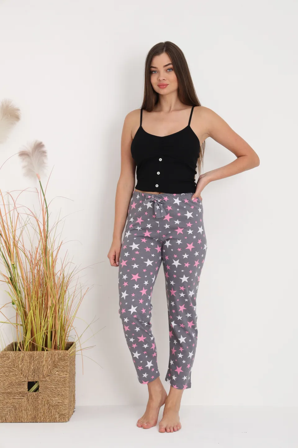 Pantaloni de pijama damă gri cu steluțe, croială lejeră, bumbac &amp; poliester - 5