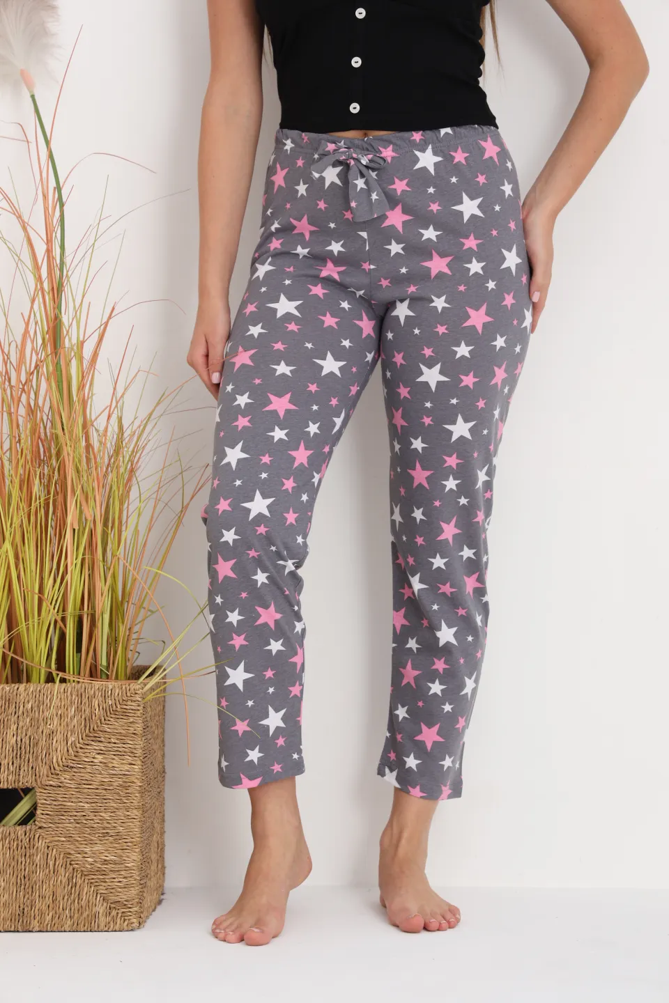 Pantaloni de pijama damă gri cu steluțe, croială lejeră, bumbac &amp; poliester - 1