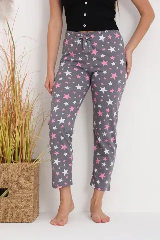 Pantaloni de pijama damă gri cu steluțe, croială lejeră, bumbac &amp; poliester