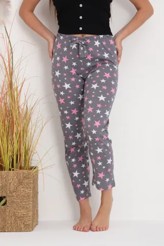 Pantaloni de pijama damă gri cu steluțe, croială lejeră, bumbac &amp; poliester hover