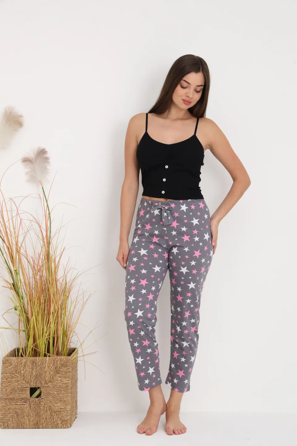 Pantaloni de pijama damă gri cu steluțe, croială lejeră, bumbac &amp; poliester - 6