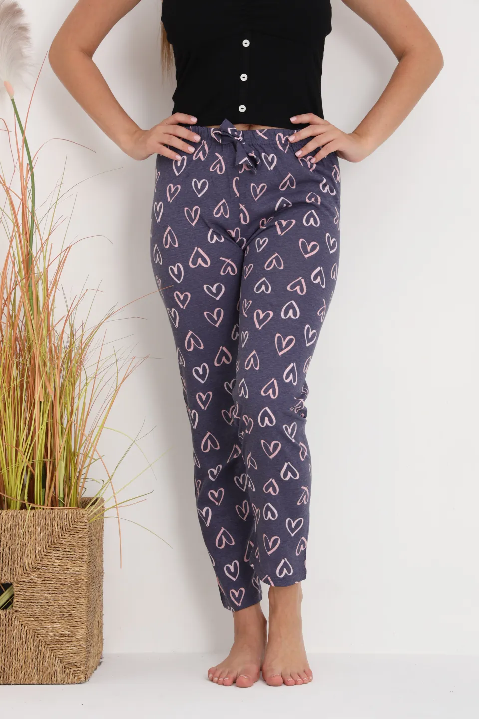 Pantaloni de pijama damă gri închis cu inimioare, croială lejeră, bumbac &amp; poliester - 2