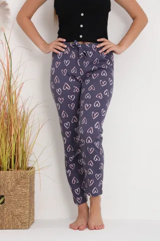 Pantaloni de pijama damă gri închis cu inimioare, croială lejeră, bumbac &amp; poliester hover